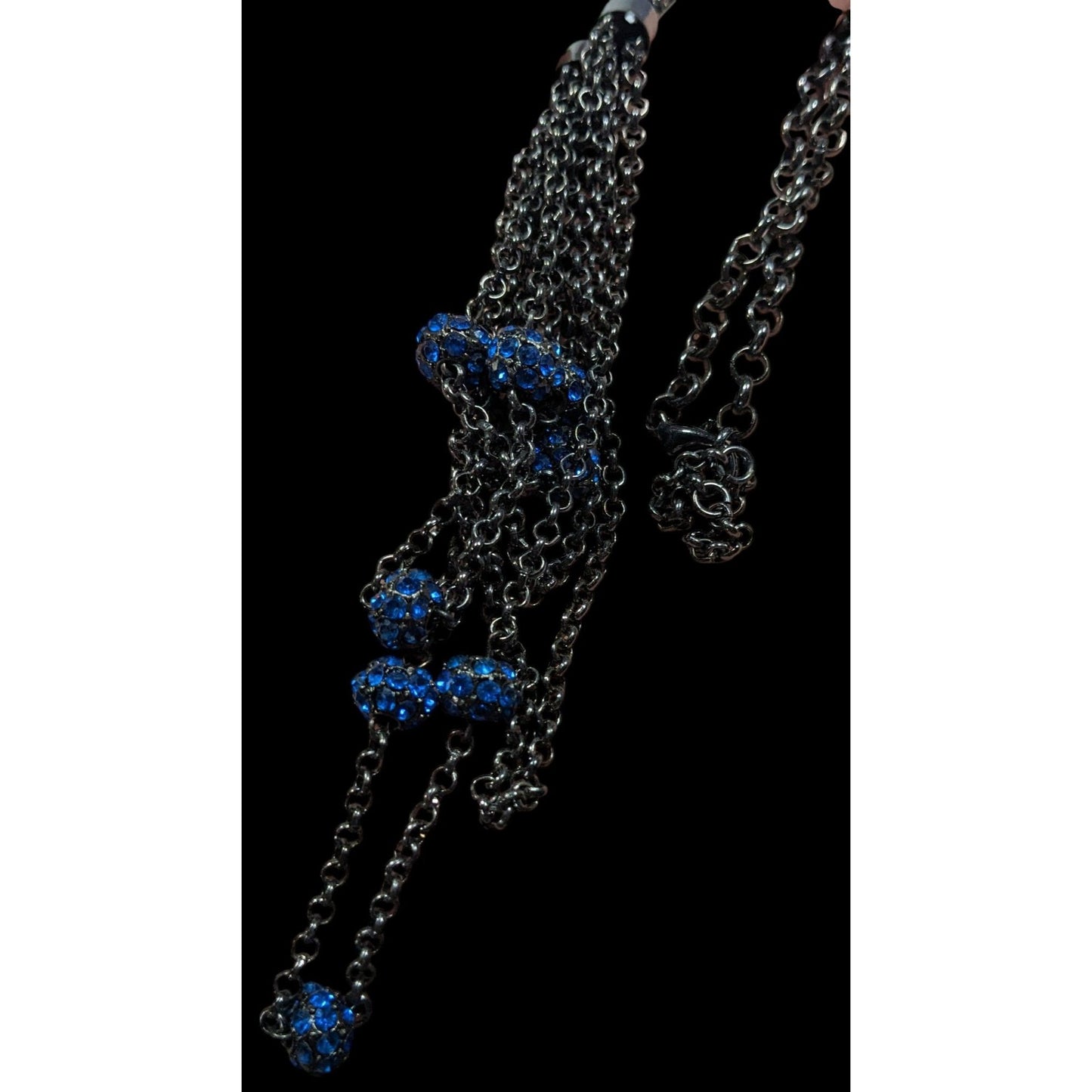 Blue And Gunmetal Tone Multilayer Chain And Rhinestone Beaded Necklace
