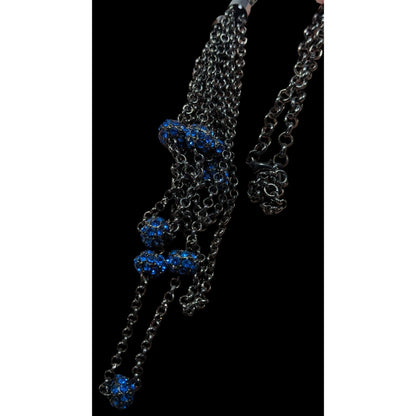 Blue And Gunmetal Tone Multilayer Chain And Rhinestone Beaded Necklace