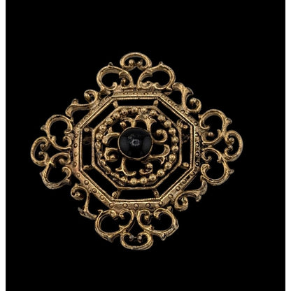 Vintage Gothic Victorian Style Filigree Brooch Gold Tone With Black Accent