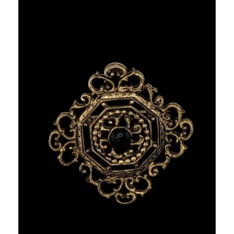 Vintage Gothic Victorian Style Filigree Brooch Gold Tone With Black Accent