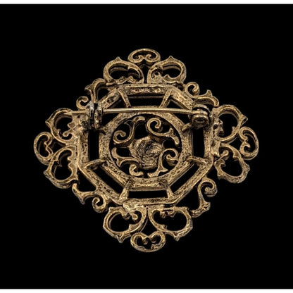 Vintage Gothic Victorian Style Filigree Brooch Gold Tone With Black Accent