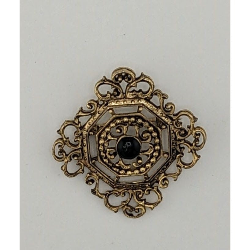 Vintage Gothic Victorian Style Filigree Brooch Gold Tone With Black Accent