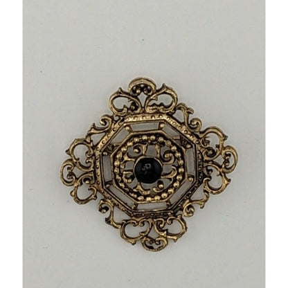 Vintage Gothic Victorian Style Filigree Brooch Gold Tone With Black Accent