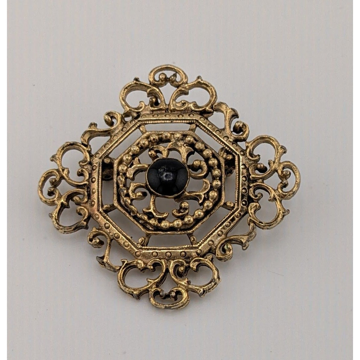 Vintage Gothic Victorian Style Filigree Brooch Gold Tone With Black Accent