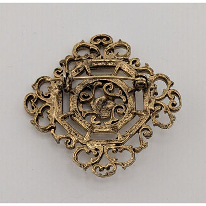 Vintage Gothic Victorian Style Filigree Brooch Gold Tone With Black Accent