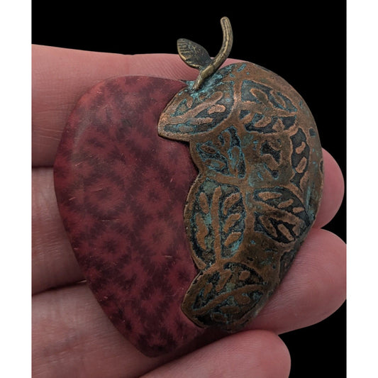 Vintage Artisan Boho Handmade Copper Apple Brooch Leaf Patina Statement Pin