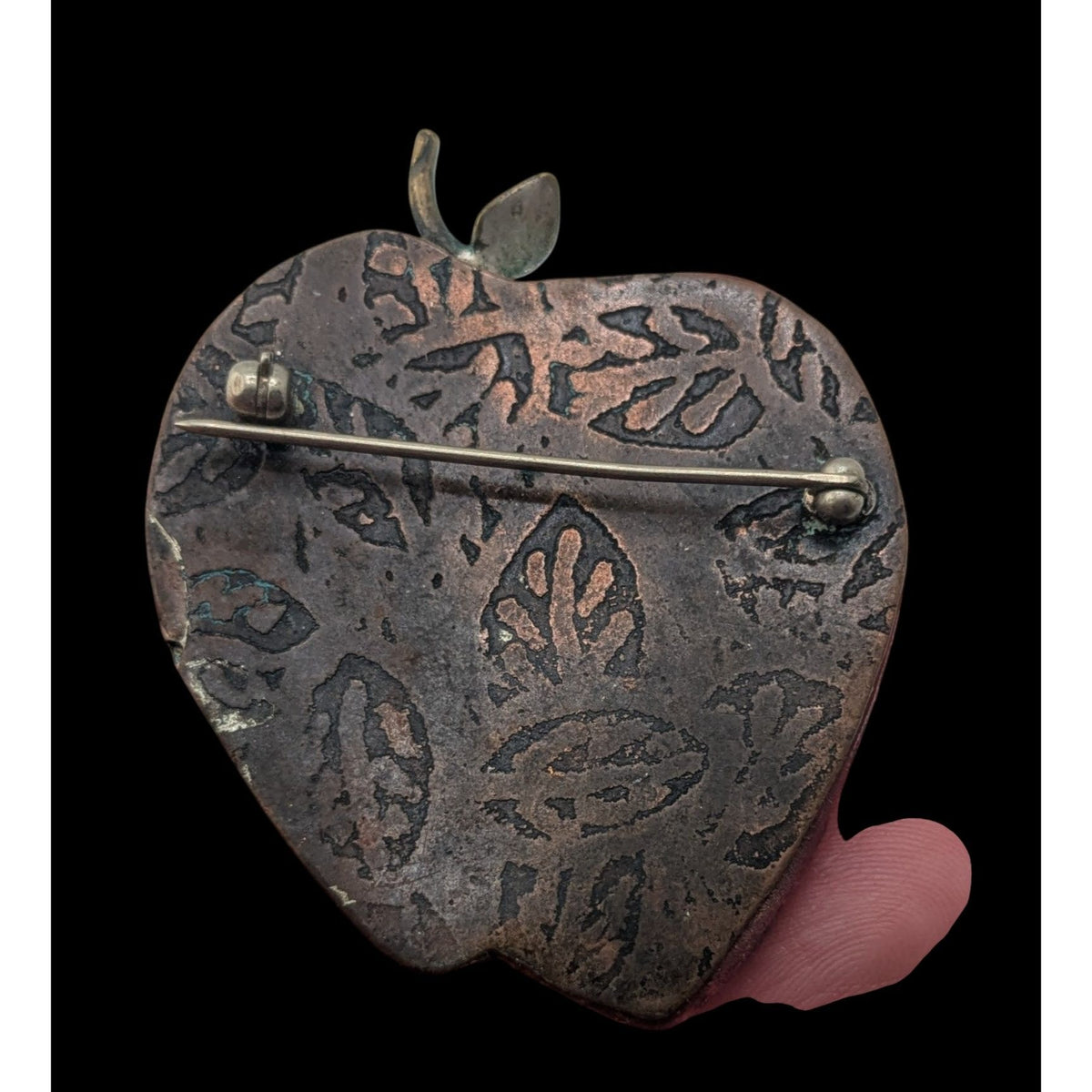 Vintage Artisan Boho Handmade Copper Apple Brooch Leaf Patina Statement Pin