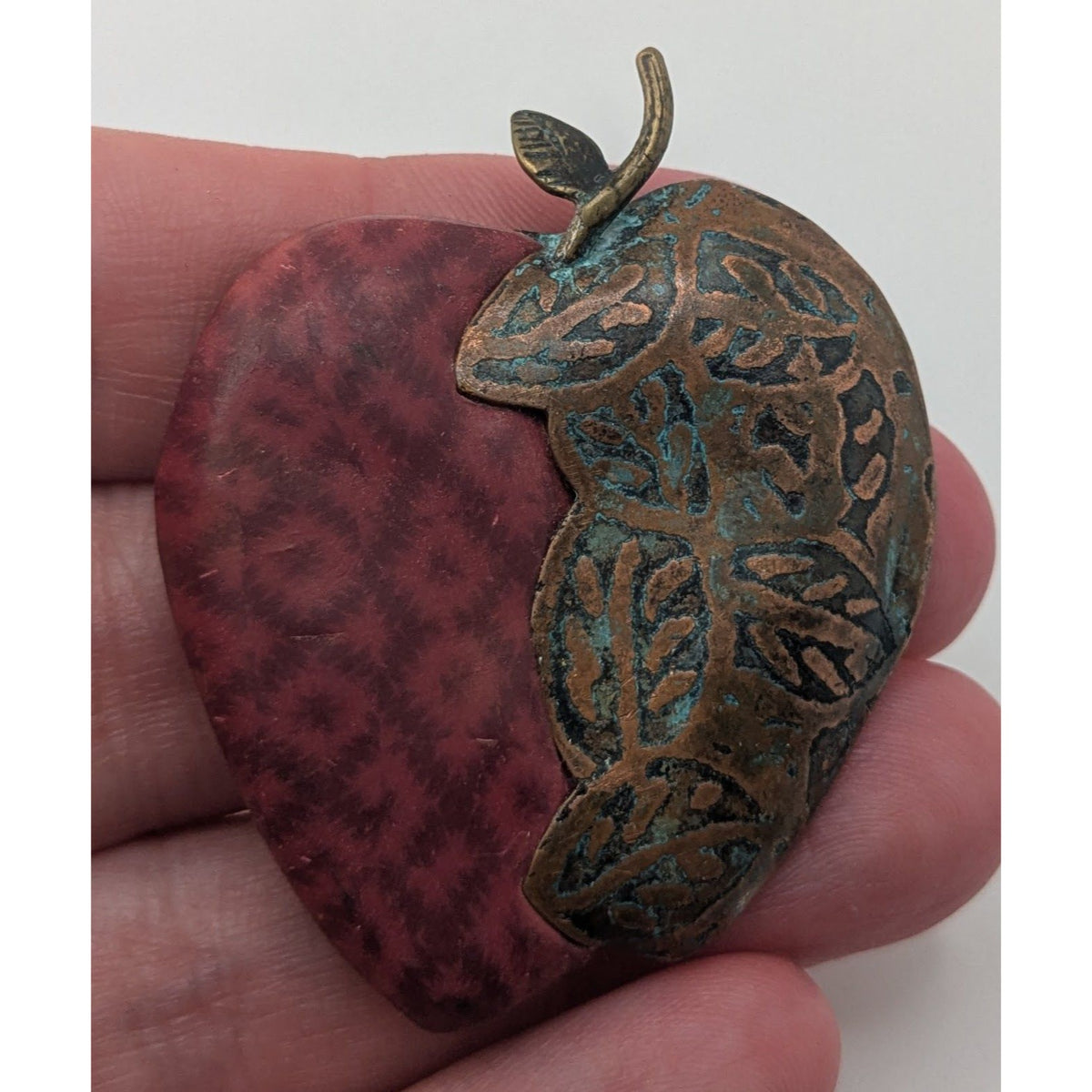 Vintage Artisan Boho Handmade Copper Apple Brooch Leaf Patina Statement Pin