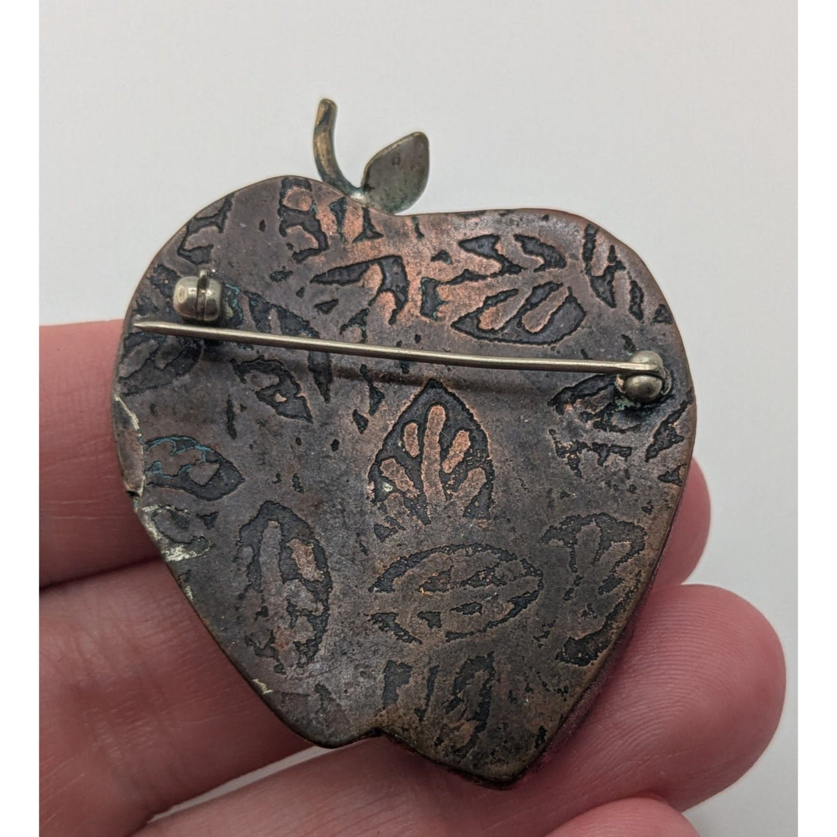 Vintage Artisan Boho Handmade Copper Apple Brooch Leaf Patina Statement Pin