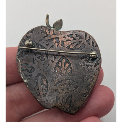 Vintage Artisan Boho Handmade Copper Apple Brooch Leaf Patina Statement Pin