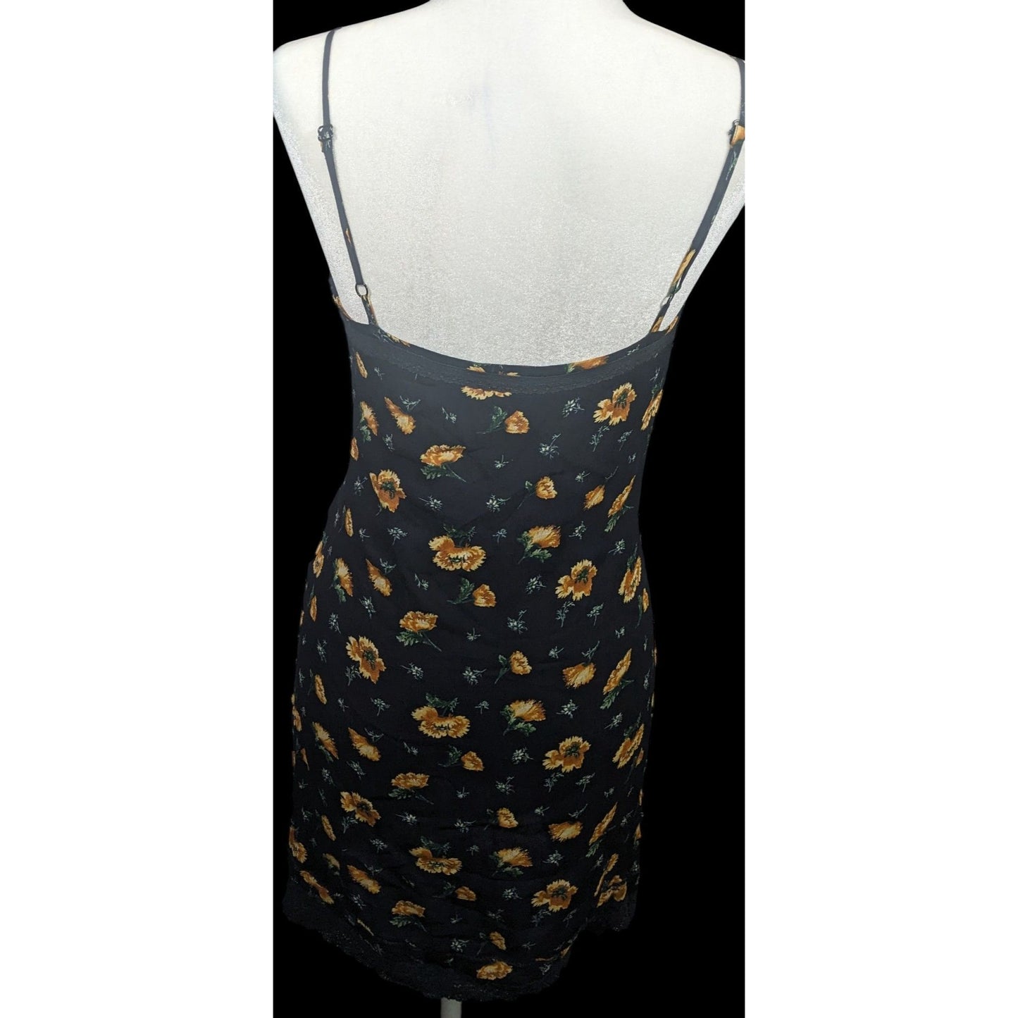 Vintage 90s Lucky Brand Black And Yellow Lace Trim Spaghetti Strap Dress