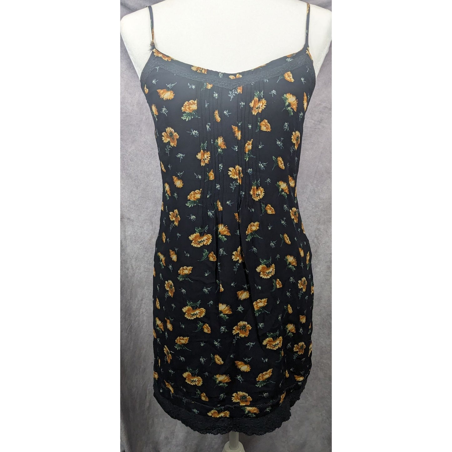 Vintage 90s Lucky Brand Black And Yellow Lace Trim Spaghetti Strap Dress