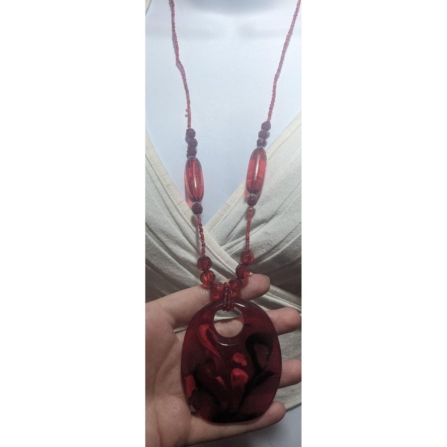 Red Beaded Swirl Medallion Pendant Necklace