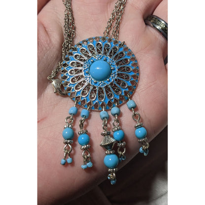 Vintage Avon Blue And Silver Bohemian Pendant Necklace