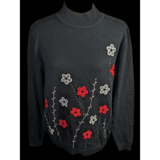 Vintage Preppy Alfred Dunner Black Floral Embroidered Sweater S Acrylic/Wool