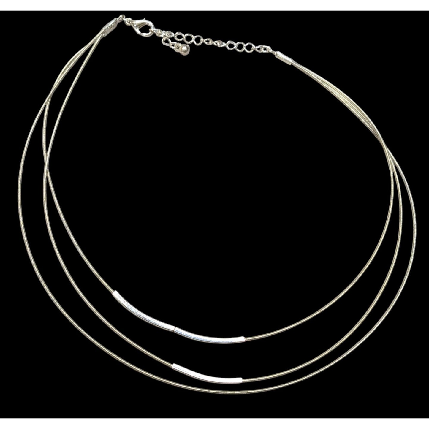 Modern Layered Silver Tone Coil Wire Necklace With Tube Bead Accents