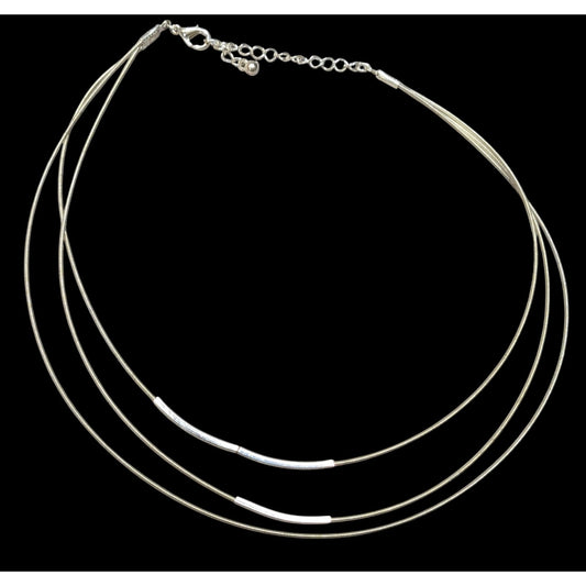 Modern Layered Silver Tone Coil Wire Necklace With Tube Bead Accents