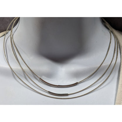 Modern Layered Silver Tone Coil Wire Necklace With Tube Bead Accents