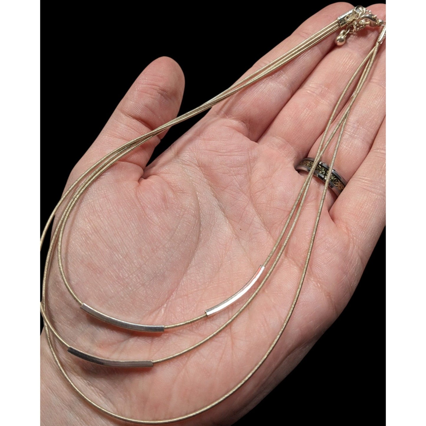 Modern Layered Silver Tone Coil Wire Necklace With Tube Bead Accents