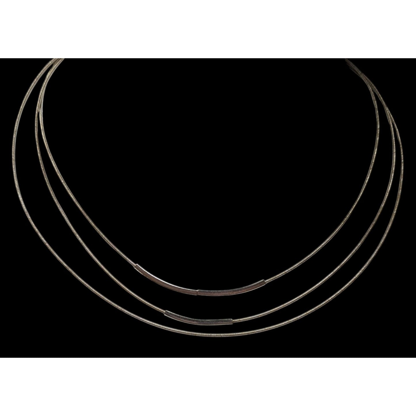 Modern Layered Silver Tone Coil Wire Necklace With Tube Bead Accents