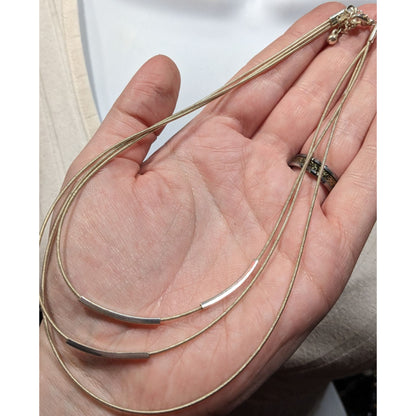 Modern Layered Silver Tone Coil Wire Necklace With Tube Bead Accents