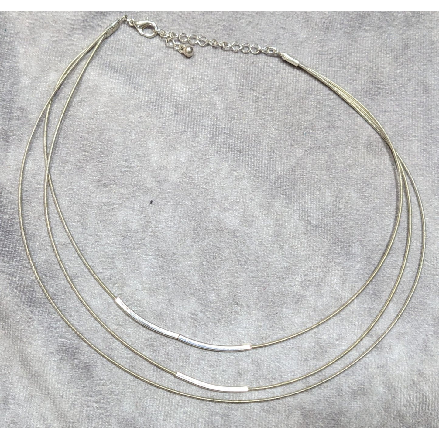 Modern Layered Silver Tone Coil Wire Necklace With Tube Bead Accents
