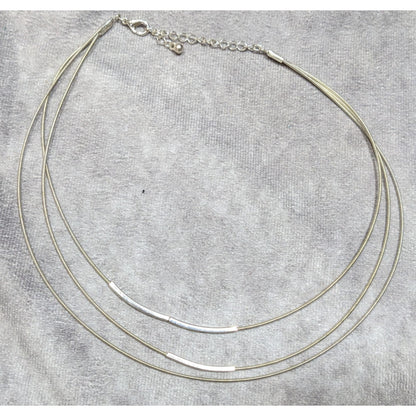 Modern Layered Silver Tone Coil Wire Necklace With Tube Bead Accents