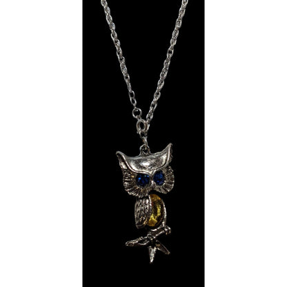 Blue And Yellow Gemmed Steampunk Owl Necklace