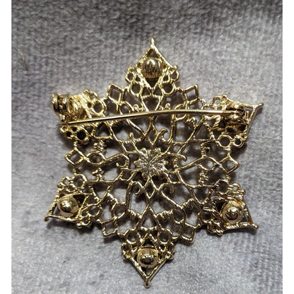 Vintage Gold Rhinestone Snowflake Brooch