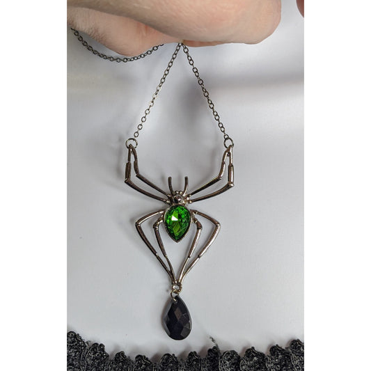 Gothic Spider Pendant Necklace With Green Gemstone & Black Teardrop Accent