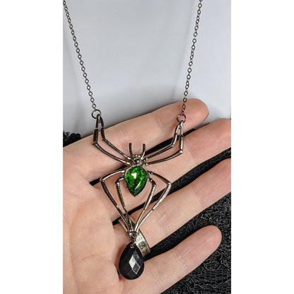Gothic Spider Pendant Necklace With Green Gemstone & Black Teardrop Accent