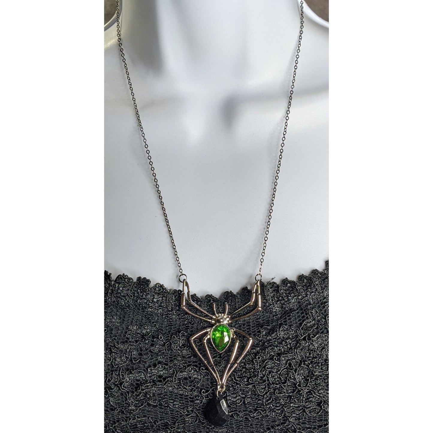 Gothic Spider Pendant Necklace With Green Gemstone & Black Teardrop Accent
