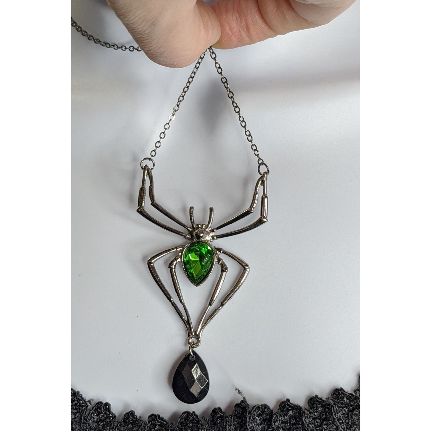 Gothic Spider Pendant Necklace With Green Gemstone & Black Teardrop Accent