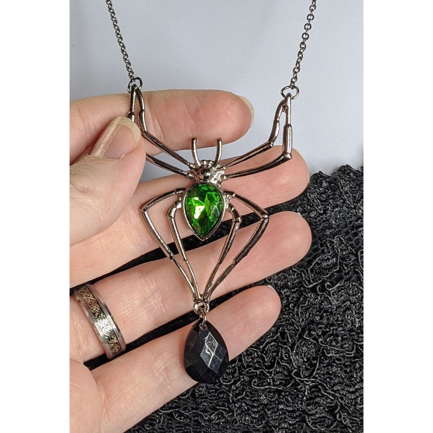 Gothic Spider Pendant Necklace With Green Gemstone & Black Teardrop Accent