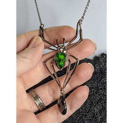 Gothic Spider Pendant Necklace With Green Gemstone & Black Teardrop Accent