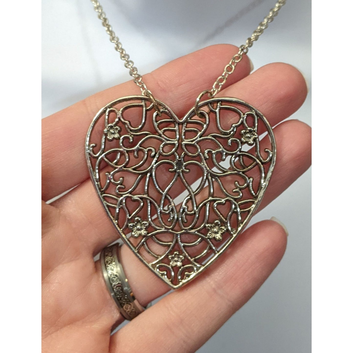 Silver Floral Filigree Heart Pendant Necklace