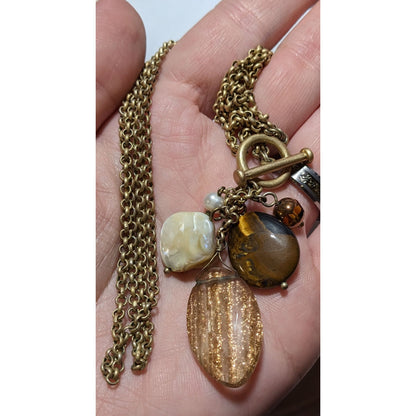 Retro Gold Shimmer Beaded Charm Toggle Necklace