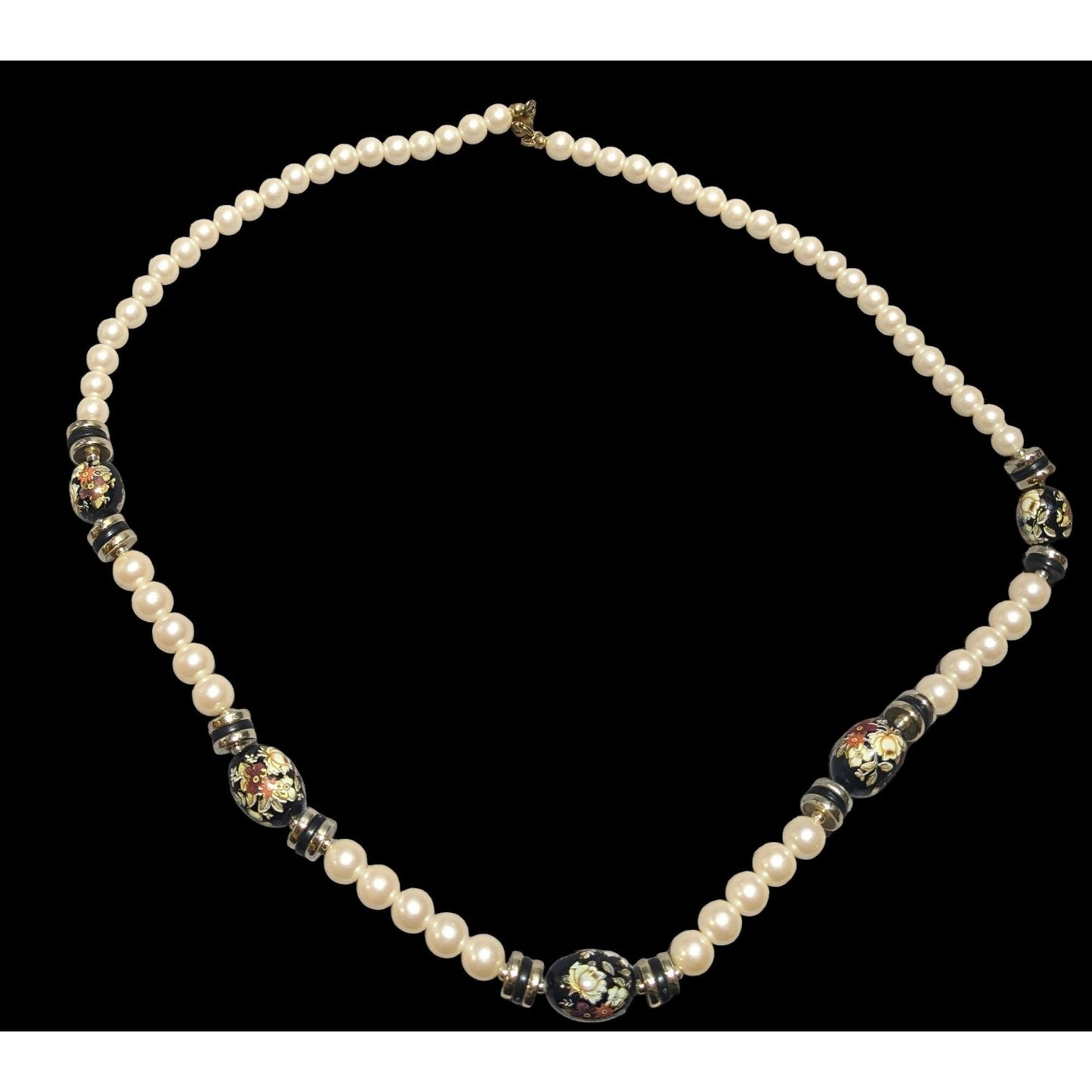 Vintage Cream And Black Pearl Floral Necklace