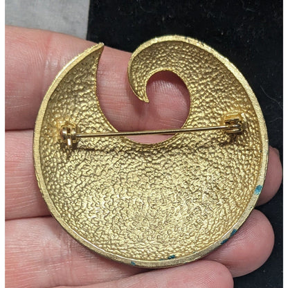 Vintage Blue And Gold Swirl Metal And Enamel Brooch