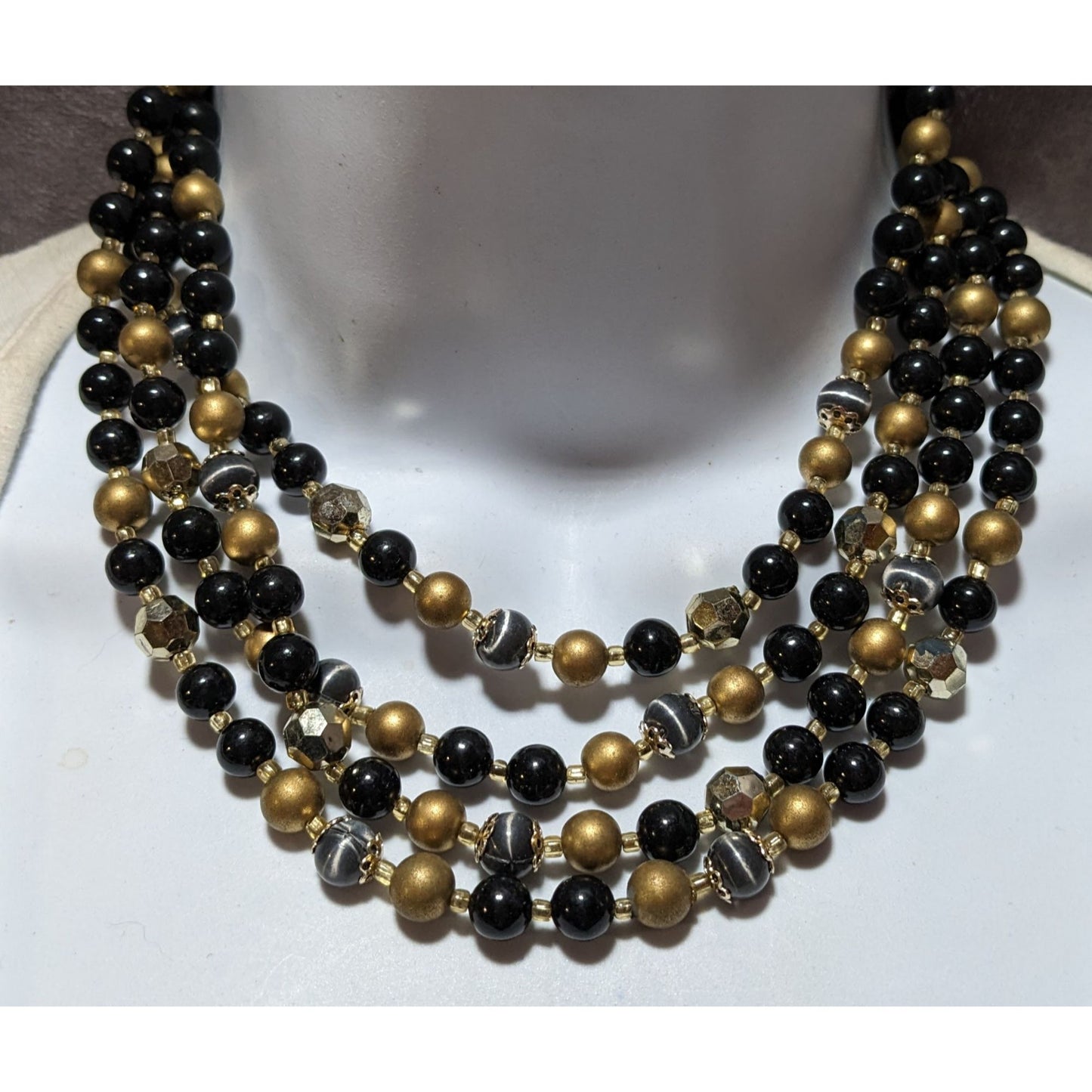 Vintage Japan Black And Gold Beaded Multilayer Necklace