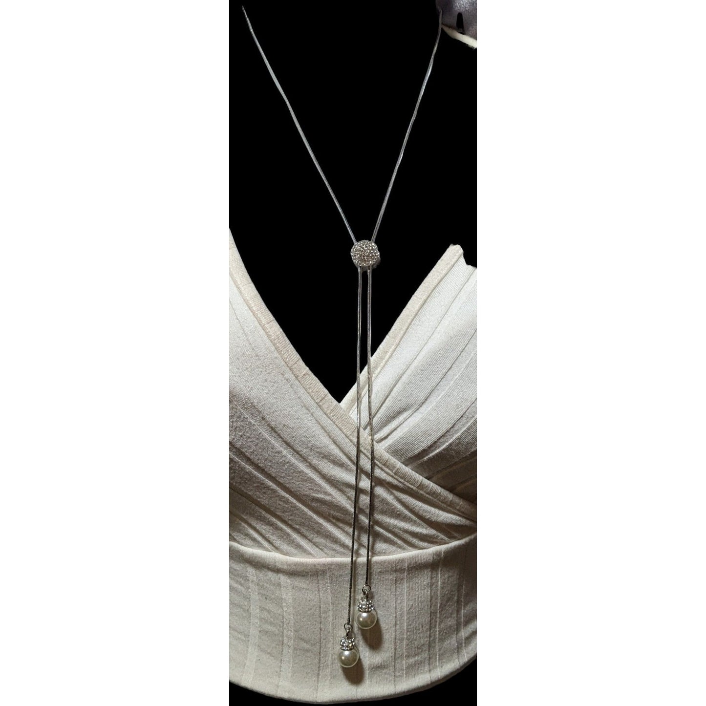 Silver Rhinestone Pearl Adjustable Bolo Necklace