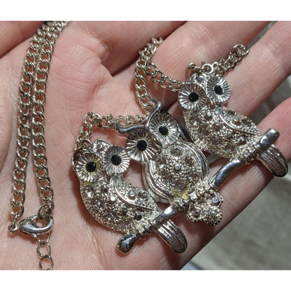 Vintage Triple Rhinestone Owl Necklace