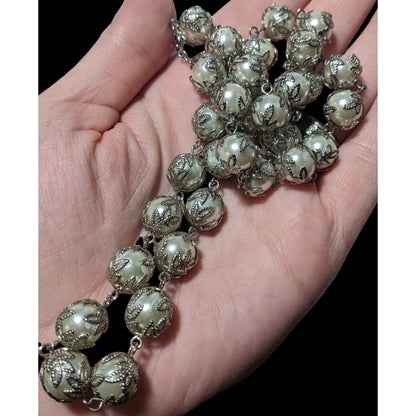 Whimsical Silver Leaf Capped Faux Pearl Necklace