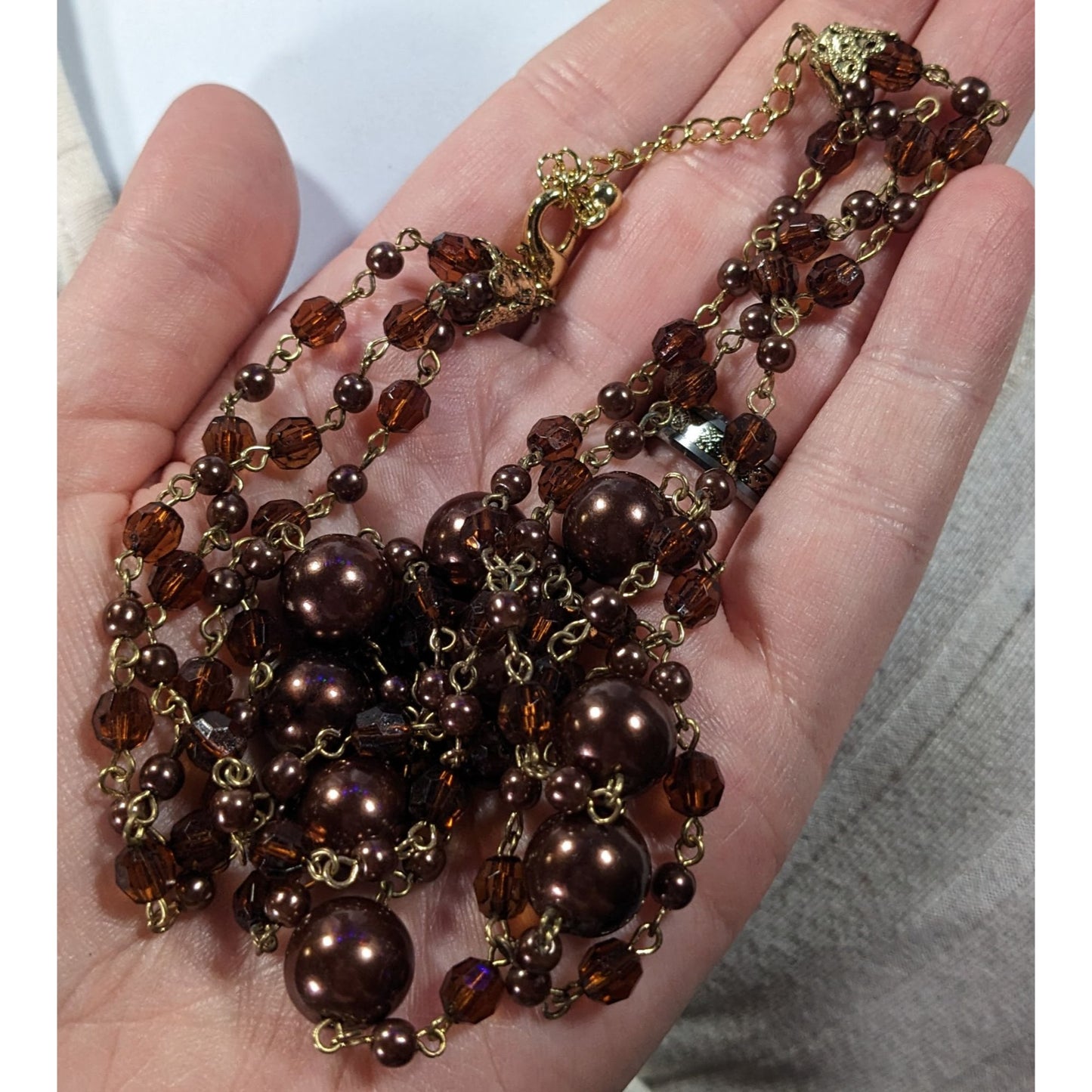 Rustic Glam Brown Faux Pearl And Glass Beaded Multilayer Necklace