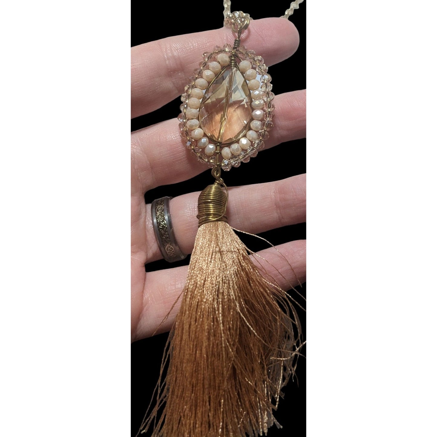 Bohemian Crystal Pendant Necklace With Tassel & Beaded Details