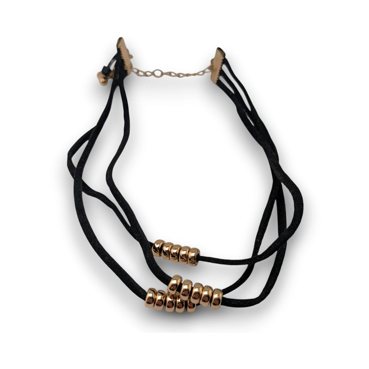 Gothic Glam Black Faux Suede Gold Tone Beaded Triple Strand Choker Necklace