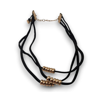 Gothic Glam Black Faux Suede Gold Tone Beaded Triple Strand Choker Necklace