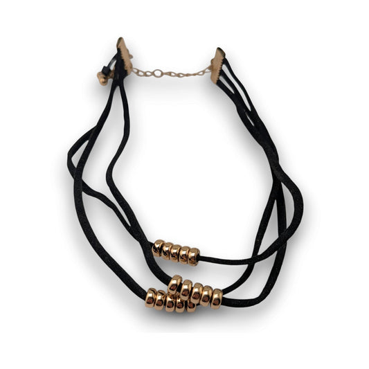 Gothic Glam Black Faux Suede Gold Tone Beaded Triple Strand Choker Necklace