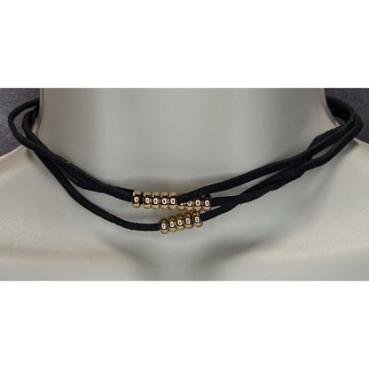 Gothic Glam Black Faux Suede Gold Tone Beaded Triple Strand Choker Necklace