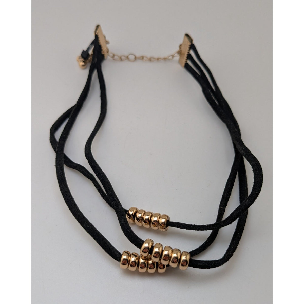 Gothic Glam Black Faux Suede Gold Tone Beaded Triple Strand Choker Necklace